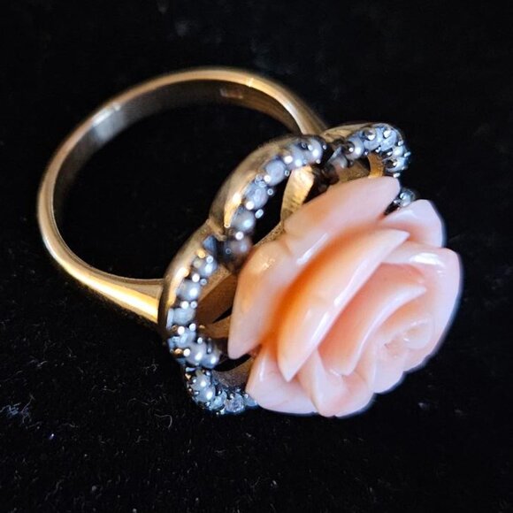 UNIQUE Vintage Large 1.00ct Sapphire Gold Pearl Carved Coral Rose Ring - Picture 3 of 5